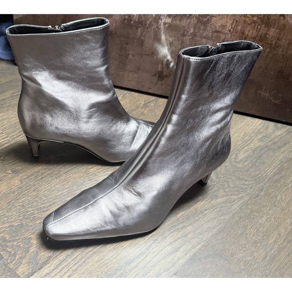 Staud Wally Ankle Boots Metallic Silver Leather Square Toe Kitten Heel Sz 38